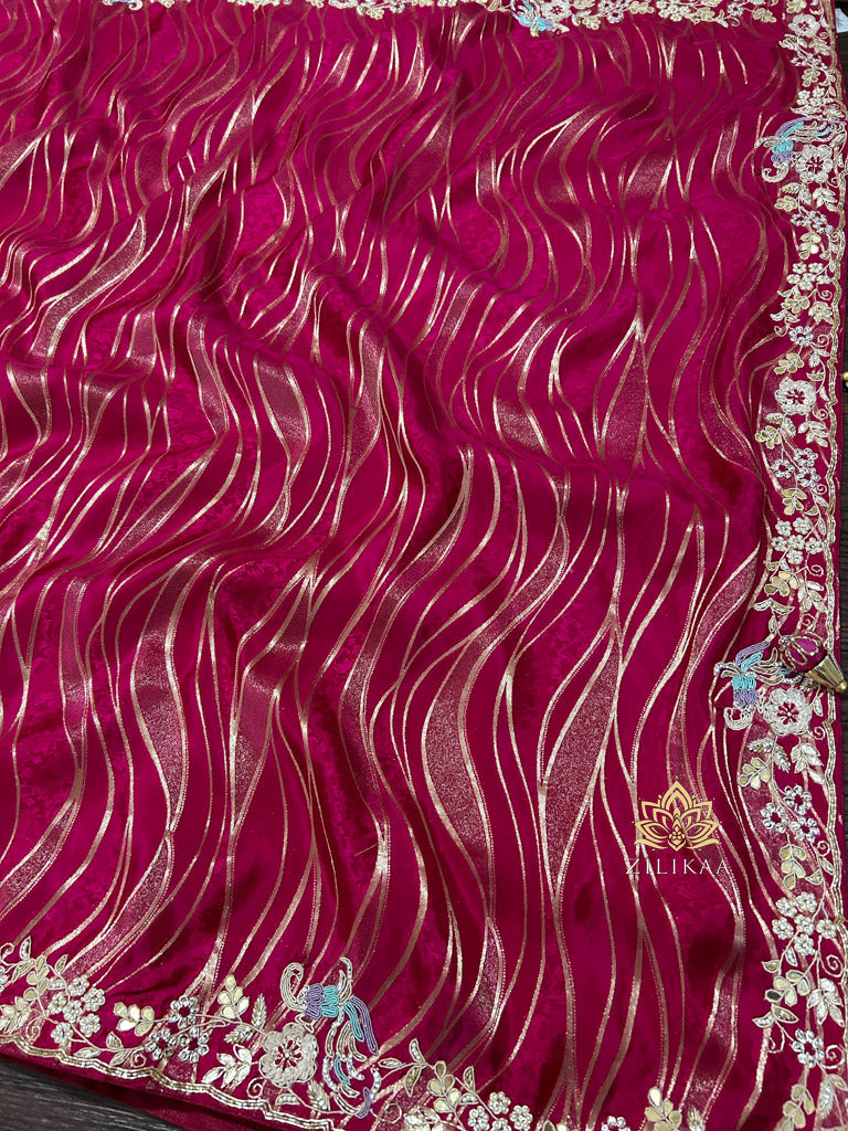 Queen Pink Munga Silk Saree with Zardozi Hand Embroidery