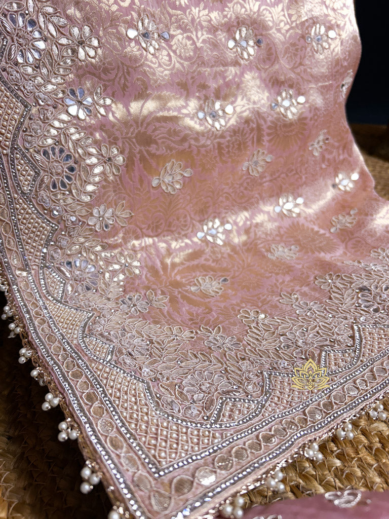 Baby Pink Zardozi Handwork Munga Banarasi SIlk Saree