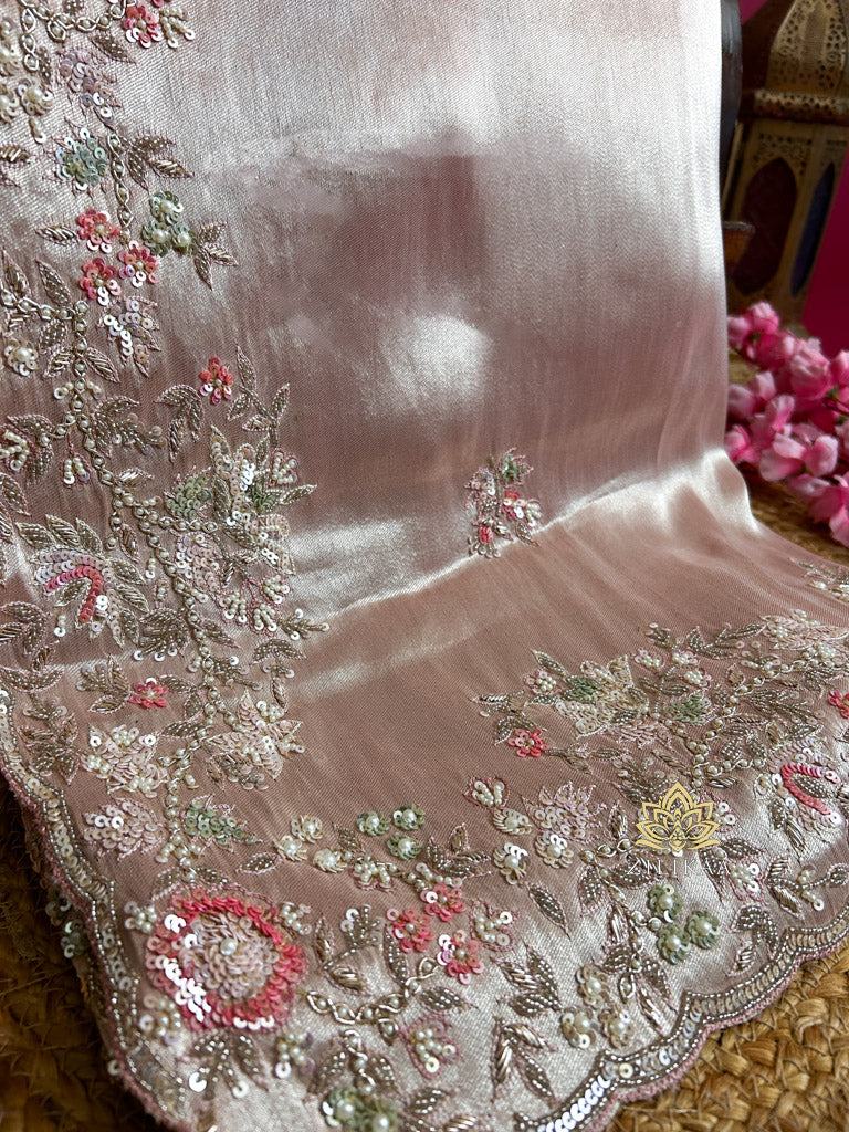 Baby Pink Designer Hand Embroidery Kanchi Tissue Silk Saree