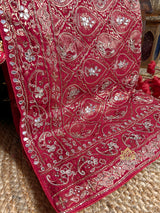 Calcutta Red Zardozi Handwork Mulberry Banarasi Silk Saree