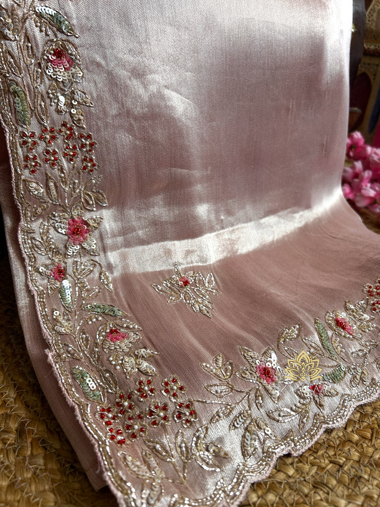 Baby Pink Designer Hand Embroidery Kanchi Tissue Silk Saree