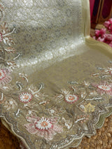 Parrot Green Designer Hand Embroidery Rangkat Kanchi Tissue Silk Saree