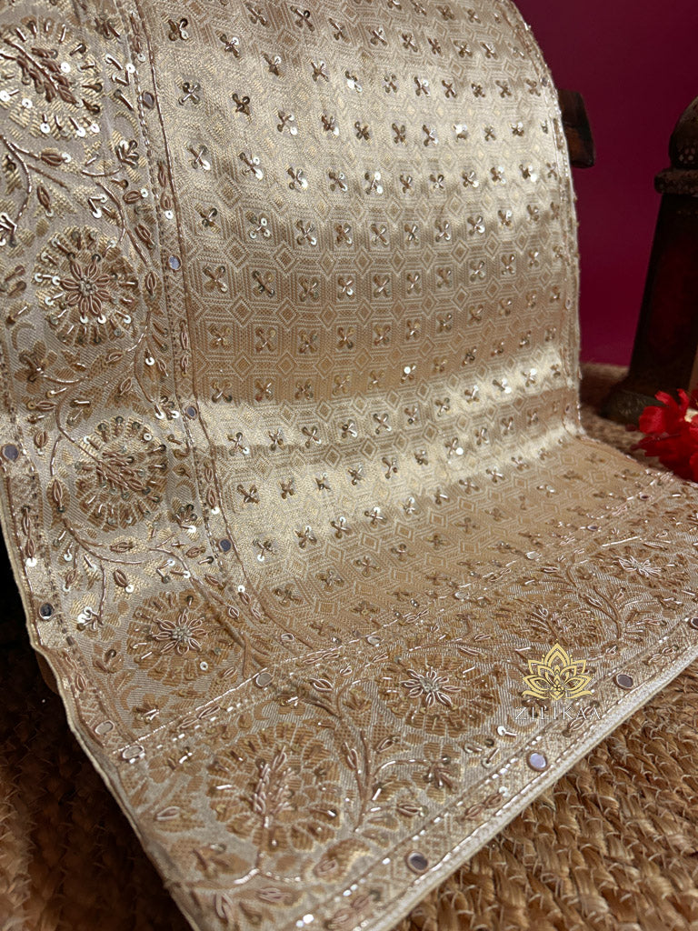 Ivory White Self Woven Kanchi Silk Saree with Zardozi Hand Embroidery