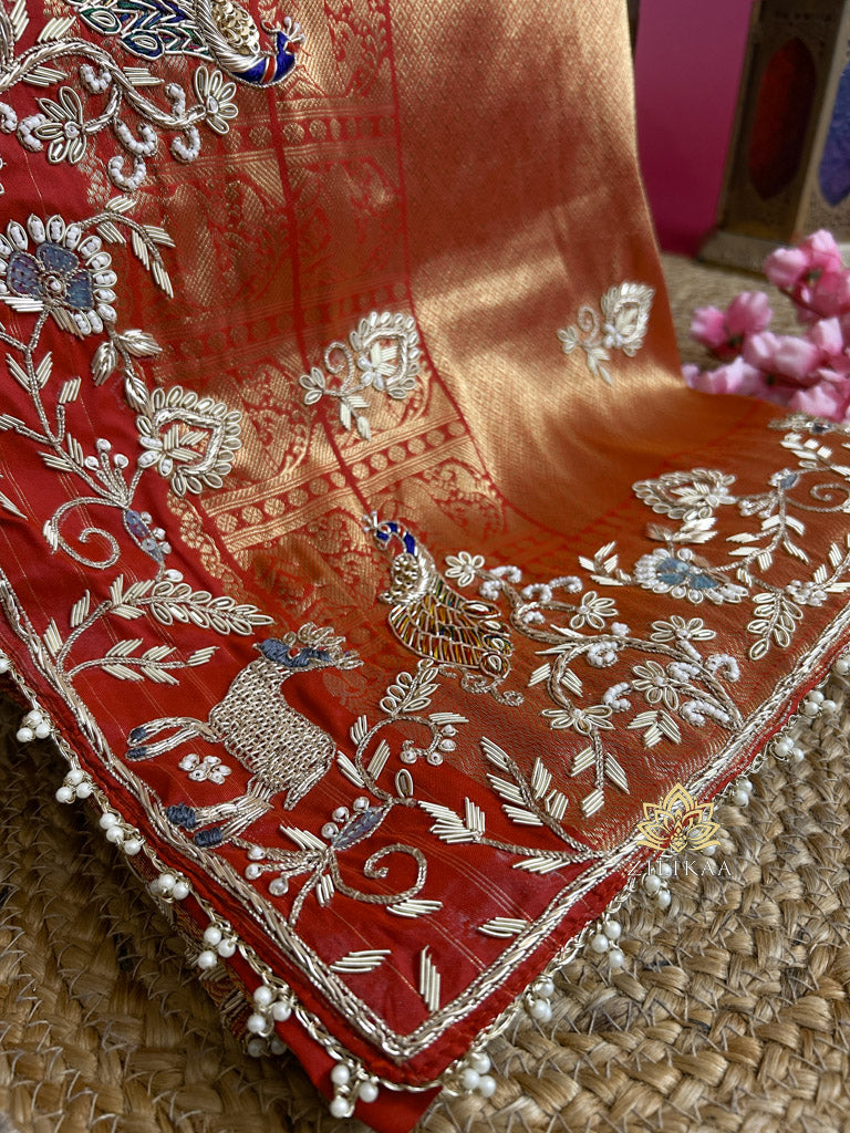 Bride Special Zardozi Hand Embroidery Kanchipuram Silk Saree