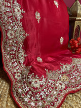 Rose Red Mulberry Silk Saree With Zardozi Scalloped Border