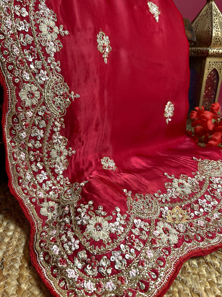 Rose Red Mulberry Silk Saree With Zardozi Scalloped Border
