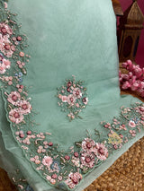 Ocean Green Hand Embroidery Organza Silk Saree