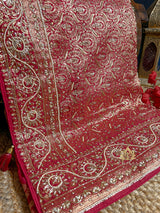 Calcutta Red Zardozi Handwork Mulberry Banarasi Silk Saree