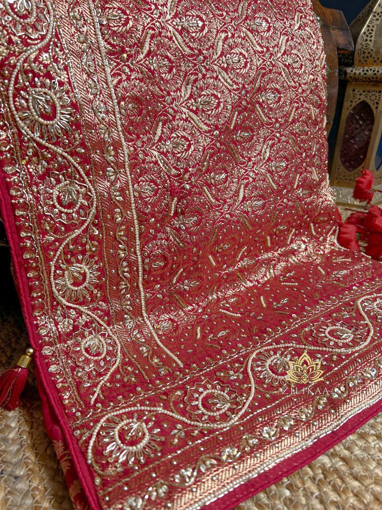 Calcutta Red Zardozi Handwork Mulberry Banarasi Silk Saree