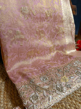 Pastel Pink Zardozi Handwork Kanchi Tissue Silk Saree