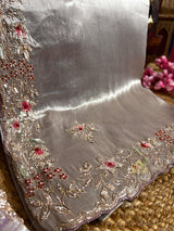 Lilac Purple Designer Hand Embroidery Kanchi Tissue Silk Saree