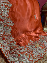 Rust Orange Mulberry Silk Saree With Zardozi Scalloped Border