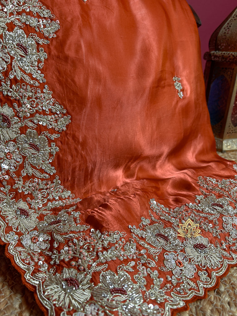 Rust Orange Mulberry Silk Saree With Zardozi Scalloped Border