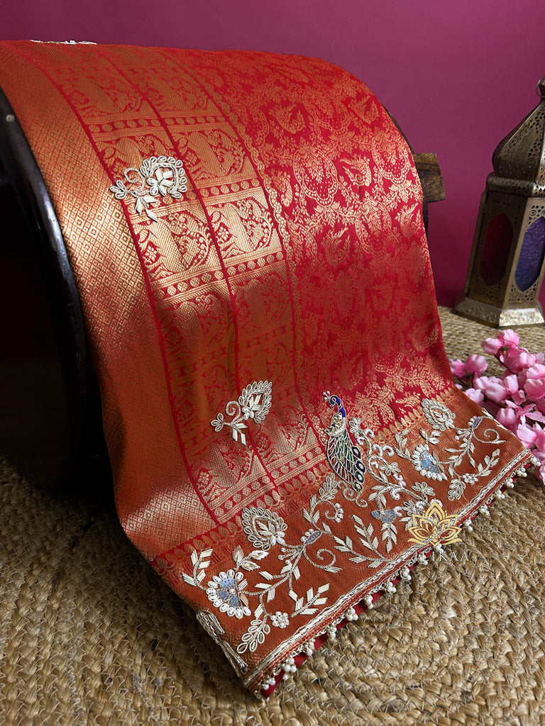 Bride Special Zardozi Hand Embroidery Kanchipuram Silk Saree