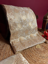 Ivory White Self Woven Kanchi Silk Saree with Zardozi Hand Embroidery