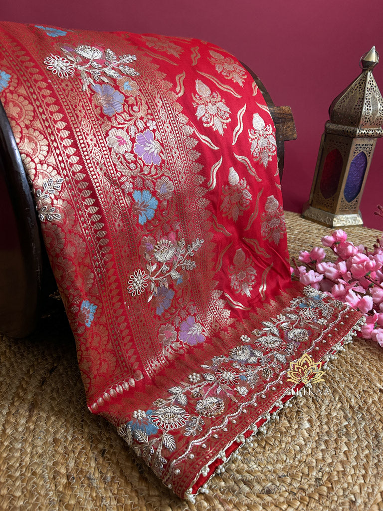 Calcutta Red Meenakari Banarasi Katan Silk Saree with Zardozi Handwork