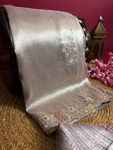 Lilac Purple Designer Hand Embroidery Kanchi Tissue Silk Saree