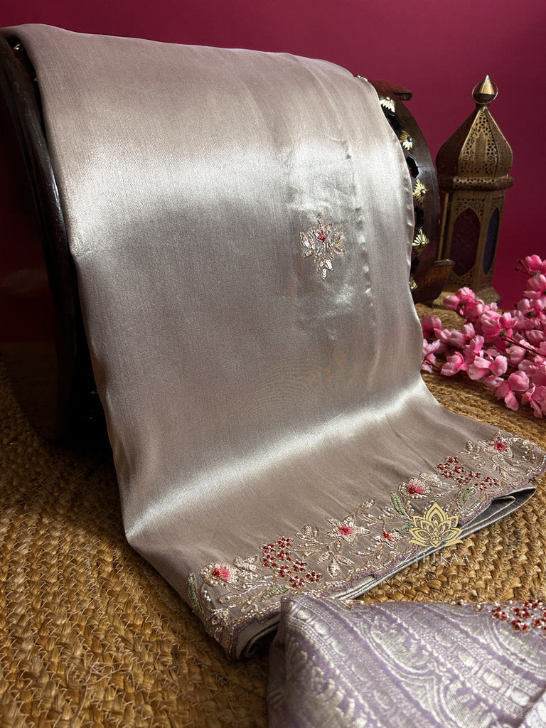 Lilac Purple Designer Hand Embroidery Kanchi Tissue Silk Saree