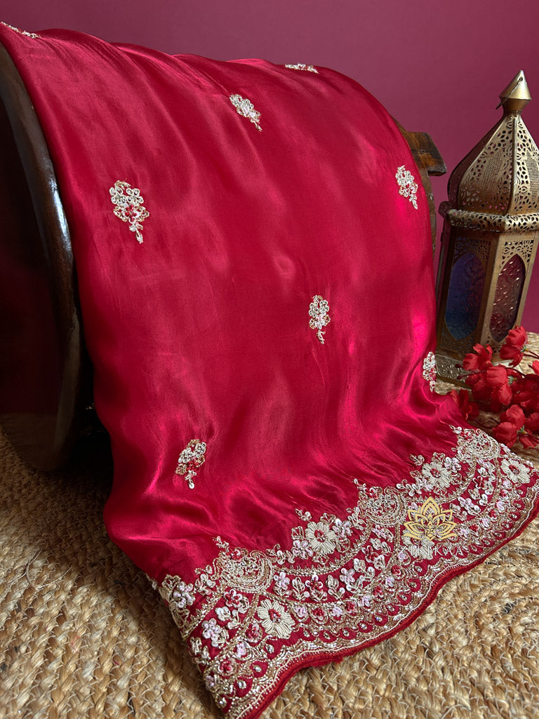 Rose Red Mulberry Silk Saree With Zardozi Scalloped Border