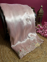 Baby Pink Designer Hand Embroidery Kanchi Tissue Silk Saree
