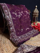 Plum Wine Zardozi Handwork Mulberry Banarasi Silk Saree