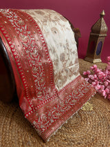 Ivory Red Banarasi Katan Silk Saree with Zardozi Hand Embroidery