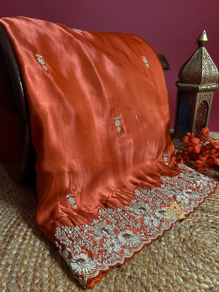 Rust Orange Mulberry Silk Saree With Zardozi Scalloped Border
