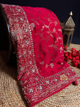 Calcutta Red Zardozi Handwork Mulberry Banarasi Silk Saree