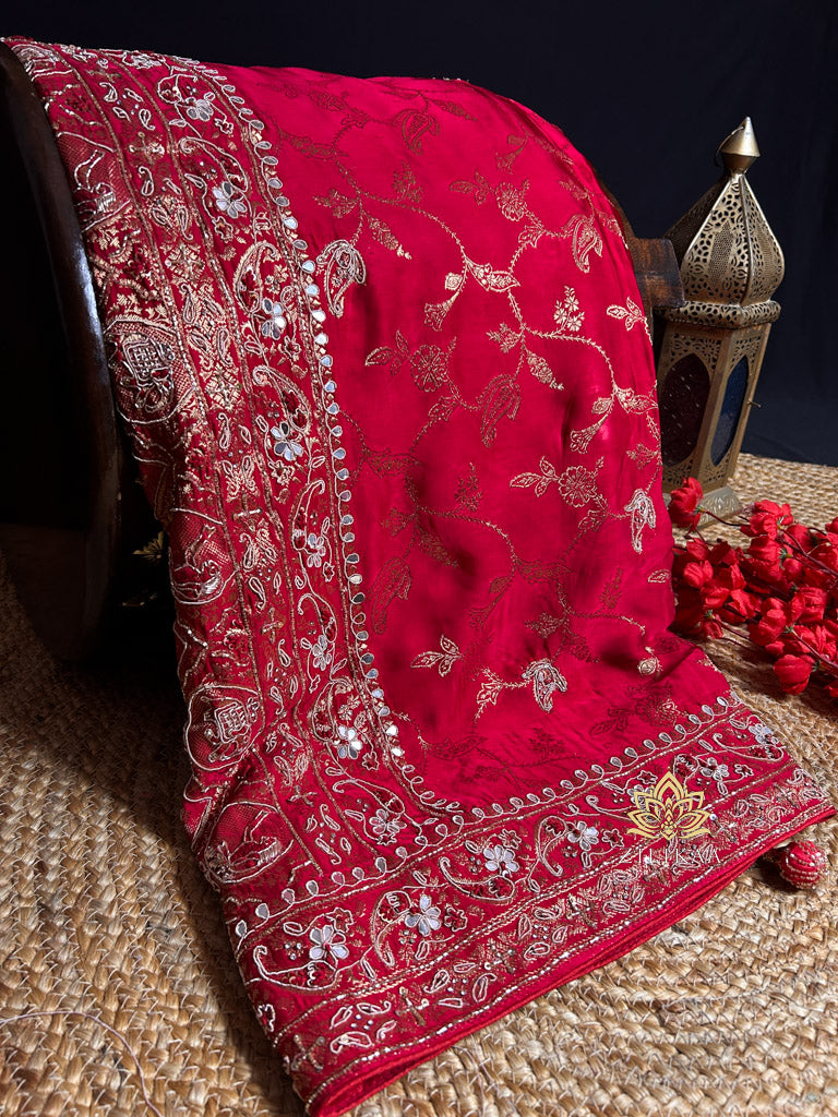Calcutta Red Zardozi Handwork Mulberry Banarasi Silk Saree