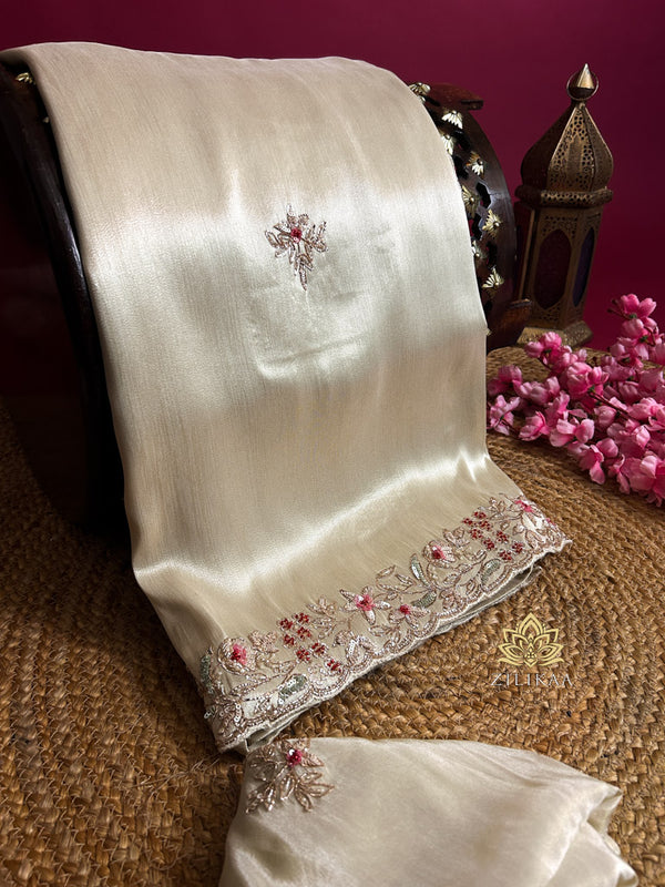 Ivory White Designer Hand Embroidery Kanchi Tissue Silk Saree