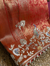 Bride Special Zardozi Hand Embroidery Kanchipuram Silk Saree