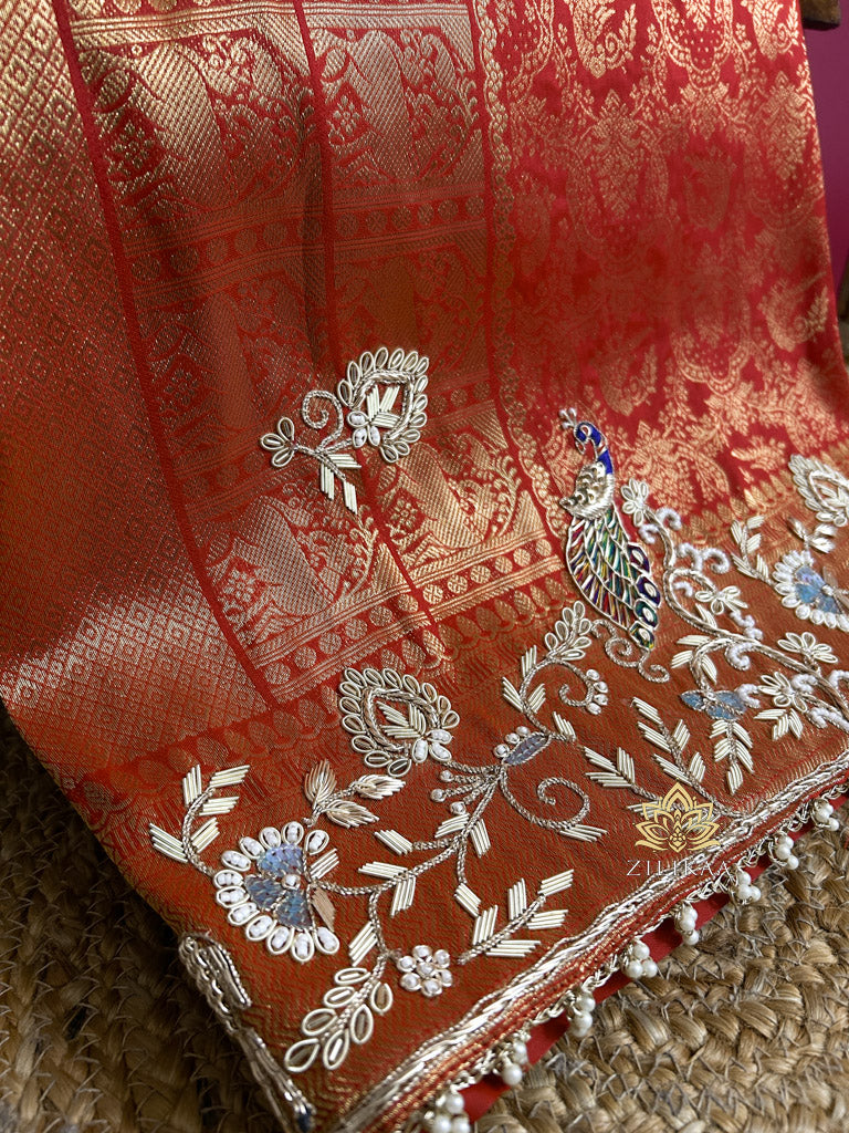 Bride Special Zardozi Hand Embroidery Kanchipuram Silk Saree