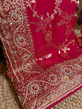 Calcutta Red Zardozi Handwork Mulberry Banarasi Silk Saree