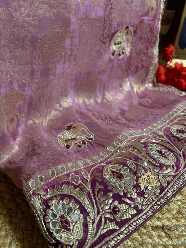 Lavender Purple Zardozi Handwork Munga Banarasi Silk Saree