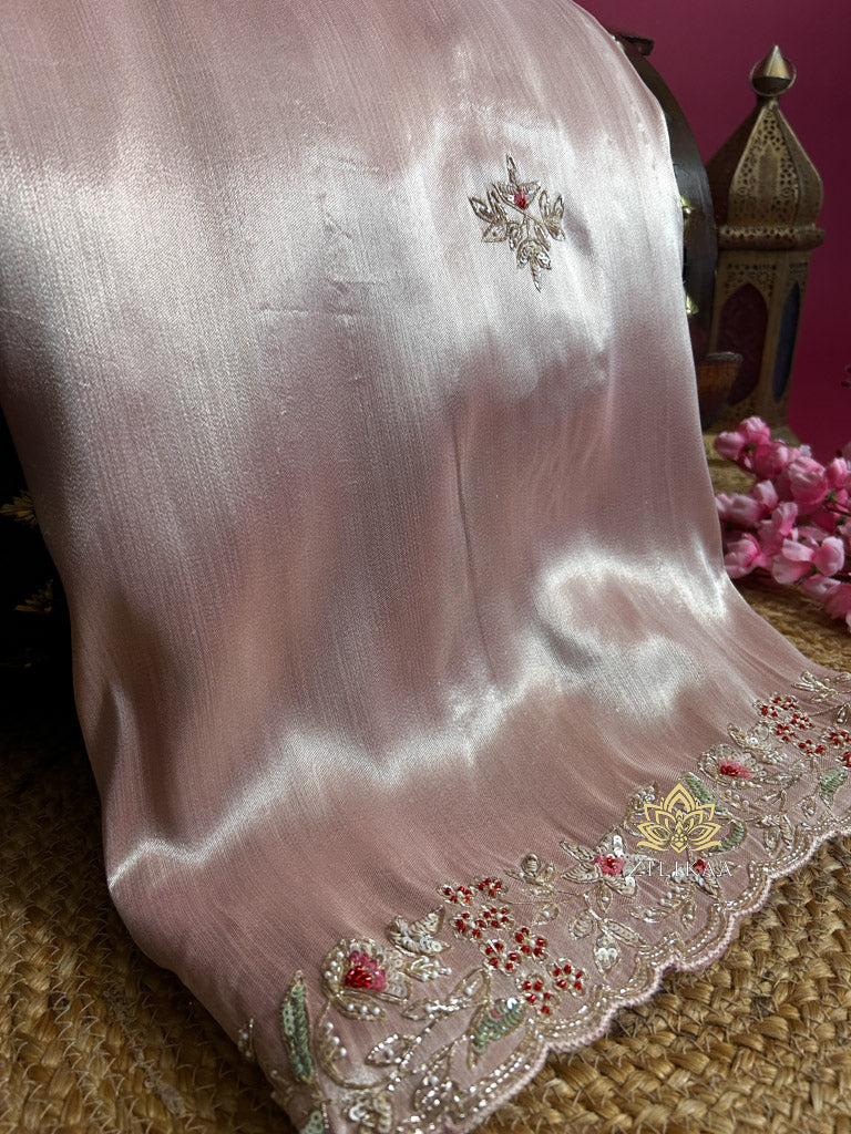 Baby Pink Designer Hand Embroidery Kanchi Tissue Silk Saree