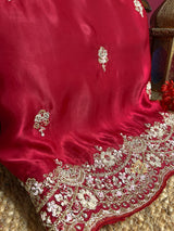 Rose Red Mulberry Silk Saree With Zardozi Scalloped Border