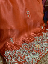 Rust Orange Mulberry Silk Saree With Zardozi Scalloped Border