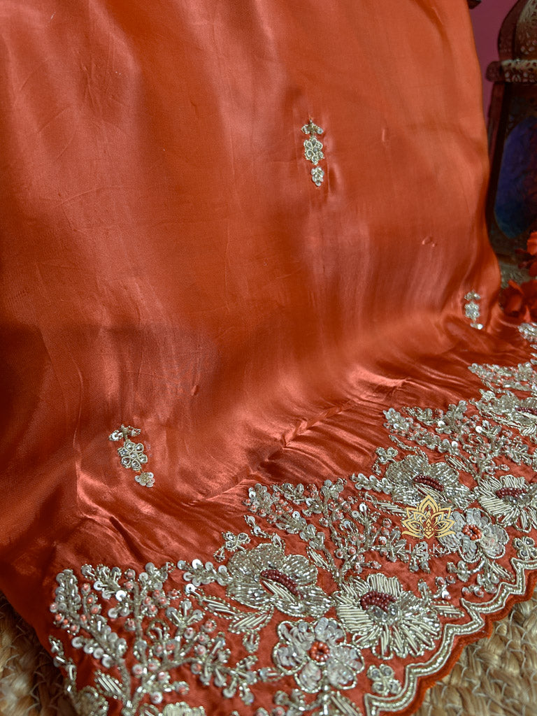 Rust Orange Mulberry Silk Saree With Zardozi Scalloped Border