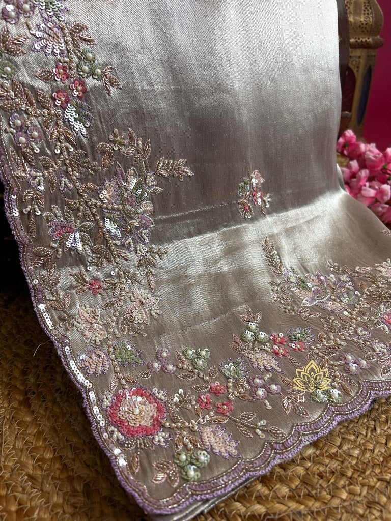 Lilac Purple Designer Hand Embroidery Kanchi Tissue Silk Saree
