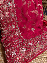 Calcutta Red Zardozi Handwork Mulberry Banarasi Silk Saree