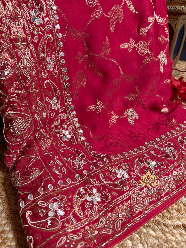 Calcutta Red Zardozi Handwork Mulberry Banarasi Silk Saree