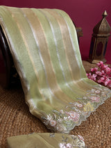 Parrot Green Designer Hand Embroidery Rangkat Kanchi Tissue Silk Saree