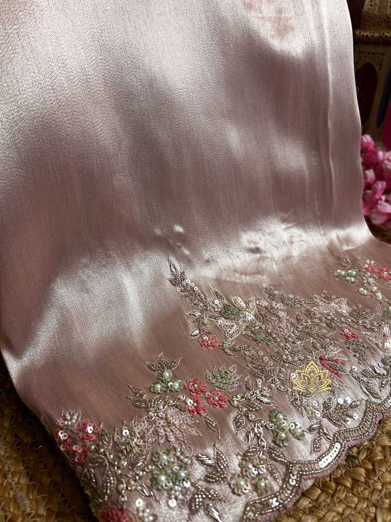 Baby Pink Designer Hand Embroidery Kanchi Tissue Silk Saree