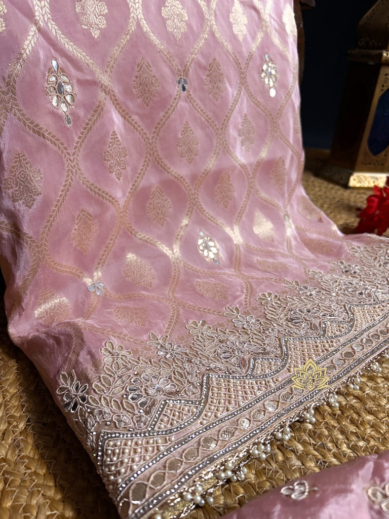 Baby Pink Zardozi Handwork Munga Banarasi SIlk Saree