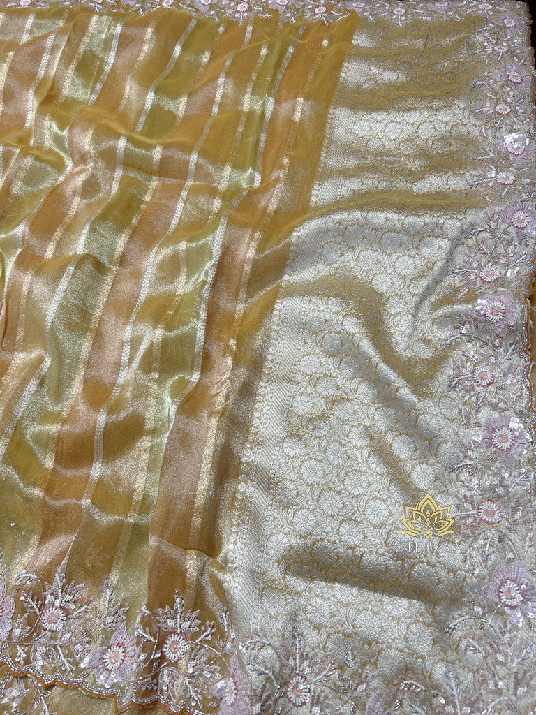 Daffodil Yellow Designer Hand Embroidery Rangkat Kanchi Tissue Silk Saree