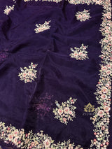 Eggplant Purple Hand Embroidery Organza Silk Saree