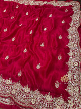Rose Red Mulberry Silk Saree With Zardozi Scalloped Border
