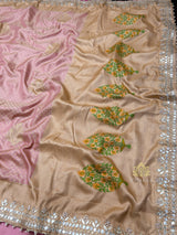 Baby Pink Gotapatti Hand Embroidery Tanchoi Silk Saree