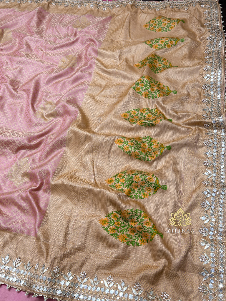 Baby Pink Gotapatti Hand Embroidery Tanchoi Silk Saree