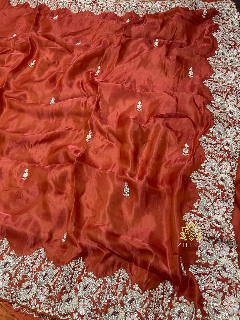 Rust Orange Mulberry Silk Saree With Zardozi Scalloped Border